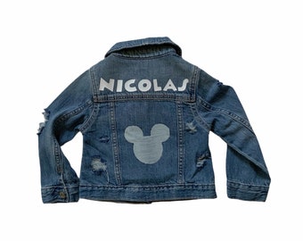 Mickey Inspired Distressed Jacket with Name - Custom Jean Jacket Toddler - Distressed Denim Jacket Kids - Chaqueta personalizada con nombre