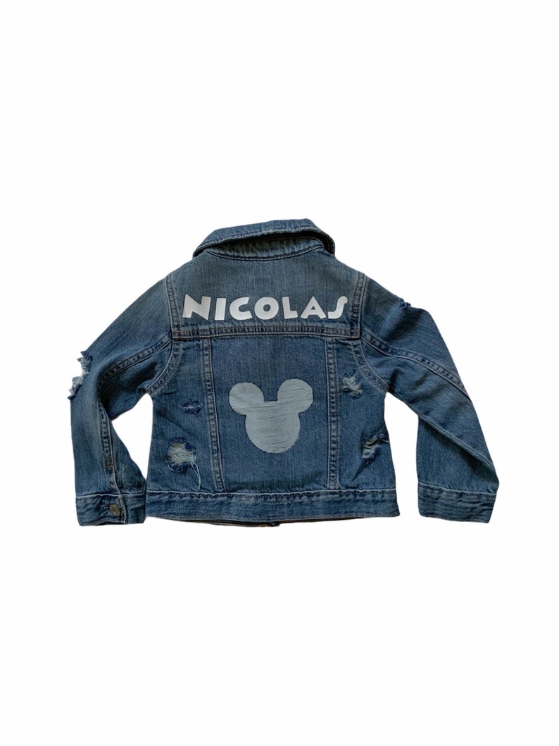 Mickey Inspired Distressed Jacket with Name Custom Jean Jacket Toddler Distressed Denim Jacket Kids Personalized Jacket with Name image 1