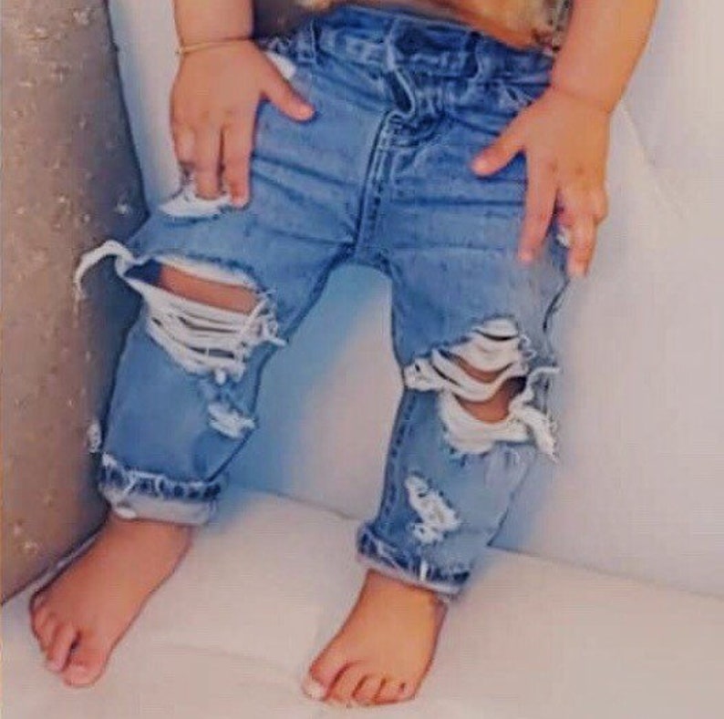 Kids Toddler Distressed Jeans Double Trouble Boy / Girl Medium Blue Denim Straight Jeans Ripped Knees Boyfriend Jeans 90s Nostalgia image 3