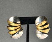 Taxco Sterling and Brass Earrings, Large Clip on Earrings, Stacked SemiCircles, Modernist Earrings