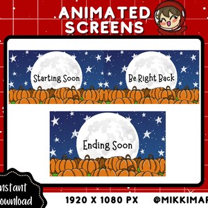 Puede incluir: Tres pantallas animadas con un fondo de luna y estrellas. La primera pantalla dice "Próximamente", la segunda pantalla dice "Vuelvo enseguida", y la tercera pantalla dice "Finalizando pronto". Cada pantalla tiene una fila de calabazas en la parte inferior.