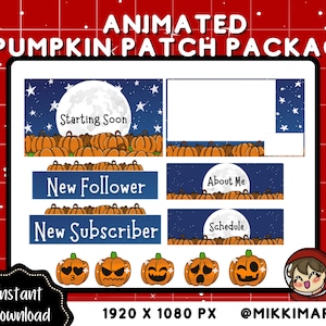 Puede incluir: Paquete de superposición de Twitch de parche de calabaza animado con un fondo de cielo nocturno azul, luna llena y estrellas. El paquete incluye cinco superposiciones diferentes con texto que dice "Próximamente", "Nuevo seguidor", "Acerca de mí", "Nuevo suscriptor" y "Programa".