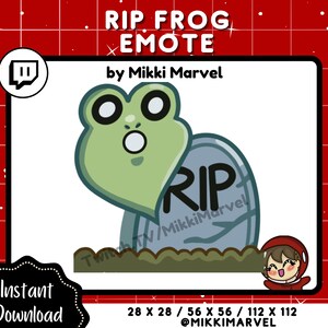 May include: A green frog with a surprised expression peeking out from behind a gray tombstone with the word "RIP" written on it. The tombstone is surrounded by brown grass. The image is a Twitch emote.