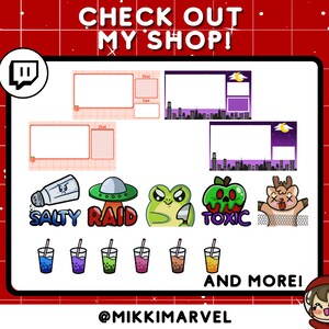 May include: A colorful digital illustration of various Twitch emotes, including a salt shaker, a UFO, a frog, an apple, a deer, and a set of six colorful glasses. The text "CHECK OUT MY SHOP!" is at the top of the image, and the text "AND MORE!" is at the bottom of the image. The text "@MIKKIMARVEL" is at the bottom of the image.