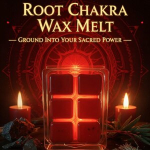 Pode incluir: Um recipiente transparente com seis cubos de cera vermelha. O texto "Root Chakra Wax Melt" é exibido acima do recipiente, com o slogan "Ground Into Your Sacred Power". Duas velas acesas ladeiam o recipiente, criando um ambiente acolhedor.