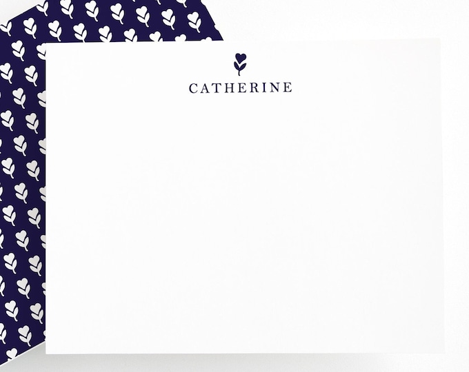 Summer Personalized Stationery Set – Navy Floral Note Cards with Name | Custom Flat Cards | Elegant Summer Writing Set for Women