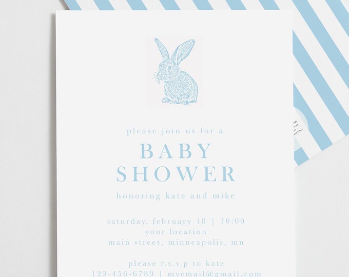 Cute Bunny Gender Neutral Baby Shower Invitation, Baby Bunny Blue and White Baby Shower Invitation, Traditional Shower Invitation
