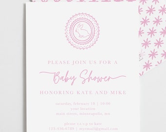 Cute Pink Bunny Baby Shower Invitation, Baby Bunny Pink and White Baby Shower Invitation, Traditional Shower Invitation, Baby Girl Shower