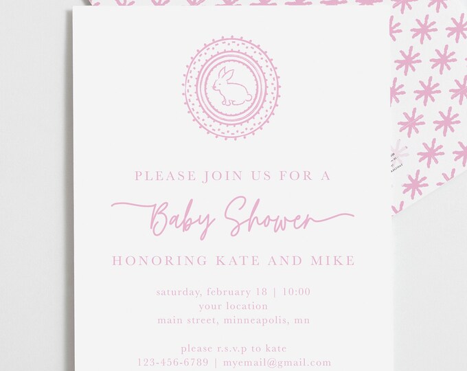 Cute Pink Bunny Baby Shower Invitation, Baby Bunny Pink and White Baby Shower Invitation, Traditional Shower Invitation, Baby Girl Shower