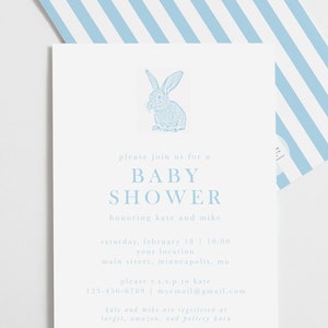 Cute Bunny Gender Neutral Baby Shower Invitation, Baby Bunny Blue and White Baby Shower Invitation, Traditional Shower Invitation