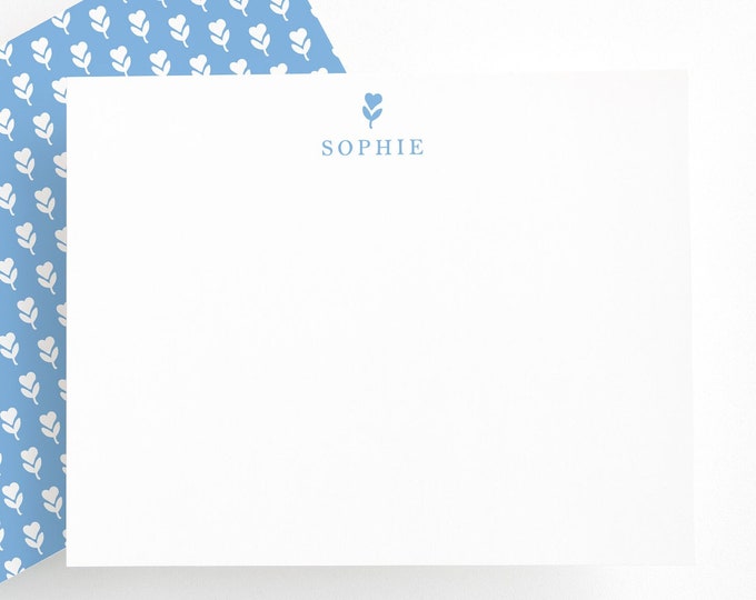 Personalized Stationery, Light Blue and White Floral Stationery, Hostess Gift, Vintage Green Stationery Set for Adults Kids and Baby