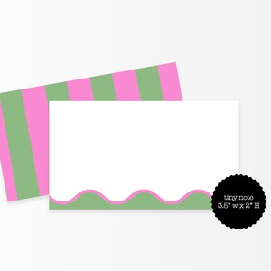 May include: A white tiny note card with a scalloped edge in pink and green, and a matching striped card. The note card is 3.5" wide and 2" high. The striped card has vertical pink and green stripes.