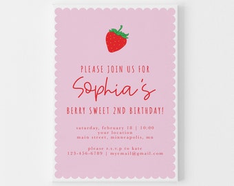 Berry Special Birthday Invitation for Little Girls Birthday, Too Sweet Birthday Invitation for 1st Birthday, Kids Party Invites, Strawberry