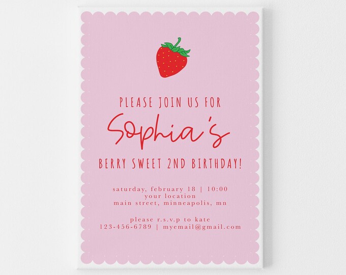 Berry Special Birthday Invitation for Little Girls Birthday, Too Sweet Birthday Invitation for 1st Birthday, Kids Party Invites, Strawberry