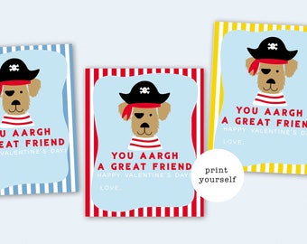 Printable puppy pirate Valentine's for Kids, Classroom Valentine's for Kids, Valentine PDF, Friend Valentines, Instant Valentine Downloads