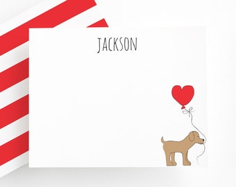 Hond met ballon gepersonaliseerd briefpapier voor kinderen, babyjongen briefpapier, aangepast briefpapier voor jongens, babyshower bedankbriefjes