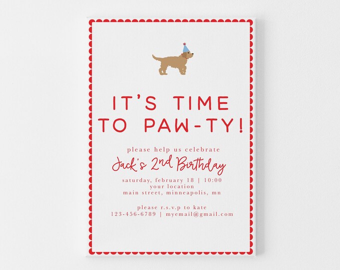 Dog Birthday Invitation, Puppy Pawty Invitation, Dog Theme Birthday Invite, Pawty Birthday Invitation,