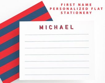 Boys Personalized Stationery Set, Custom Name Flat Note Cards, Kids Striped Stationery, Thank You Notes for Boys
