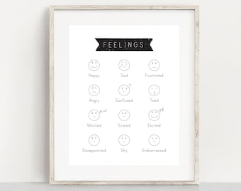 Feelings Poster Download for Children, Black and White Emotions Chart, Learning Toddler, Printable Learning Preschool, alphabet Montessori