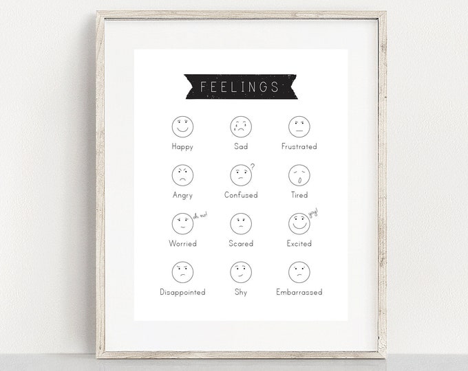 Feelings Poster Download for Children, Black and White Emotions Chart, Learning Toddler, Printable Learning Preschool, alphabet Montessori