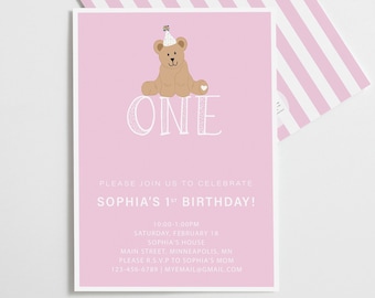 Girl Birthday Invitation, Classic First Birthday Invitation, Birthday Invitations for 1 Year Old, Pink First Birthday, Birthday Party Invite
