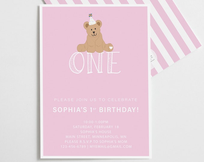 Girl Birthday Invitation, Classic First Birthday Invitation, Birthday Invitations for 1 Year Old, Pink First Birthday, Birthday Party Invite