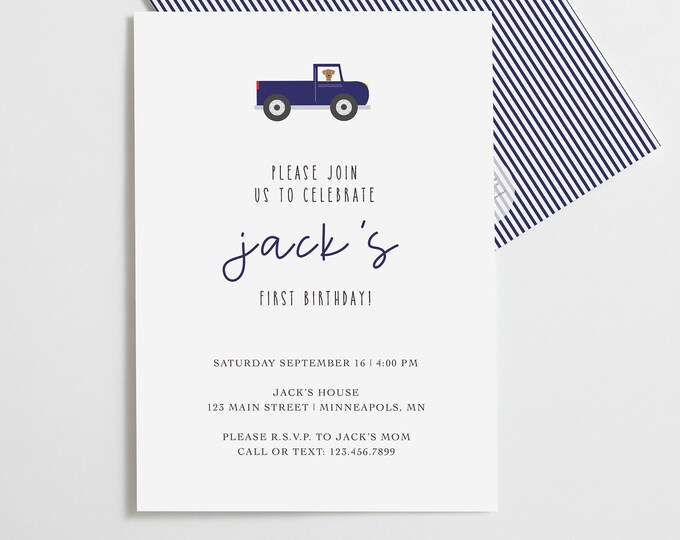 Navy Blue Boys Pick up Truck Birthday Invitation, Farm Birthday Invitations for Boys Birthday Party, First Birthday Invites, Party Invites