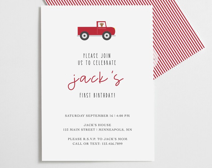 Little Boys Red Farm Truck Birthday Invitation, Birthday Invitations for Boy First Birthday Party, First Birthday Invites, Party Invites