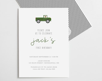 Green Boys Pick up Truck Birthday Invitation, Farm Birthday Invitations for Boys Birthday Party, First Birthday Invites, Party Invites