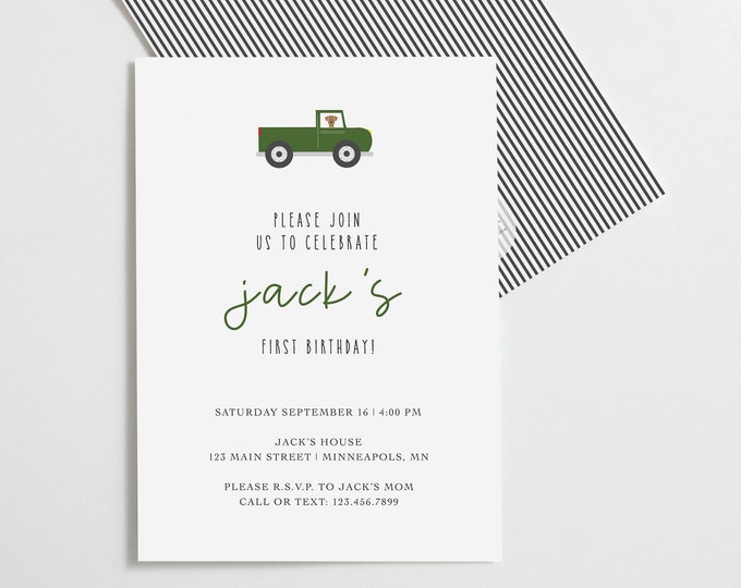 Green Boys Pick up Truck Birthday Invitation, Farm Birthday Invitations for Boys Birthday Party, First Birthday Invites, Party Invites