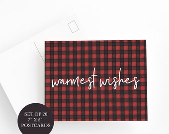Warm wishes HOLIDAY POSTCARDs  Red and Black Buffalo Check, Warmest Wishes Holiday Postcards, Set of Christmas Postcard, Christmas plai