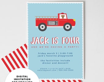 Customized Digital Fire Truck Invitation for Kids Birthday Party, Personalized Digital Invite for Email or Digital Invitation Platform