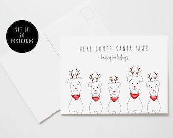 HOLIDAY POSTCARD SET of 20- Christmas Postcard, Here comes Santa Paws Postcards, Holiday Postcard, Christmas Card Set, Rustic Holiday Card