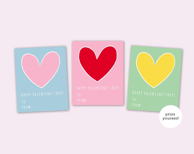 Printable HEART Valentines for Kids, Print at home valentine for Kids, Print Yourself Valentine Tags, Rainbow Valentine, printable valentine