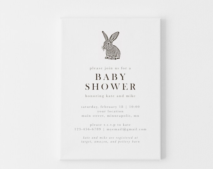 Bunny Baby Shower Invitations, Gender Neutral Baby Shower Invitation, Traditional Baby Shower, Baby Bunny, Brown and White Invites