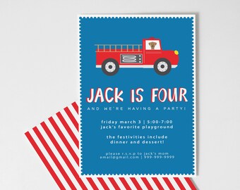 Fire Truck Birthday Invitation for Boys, 2nd Birthday Party for Kids, Kids Birthday Party Invitations, Toddler Boys Birthday Invitations