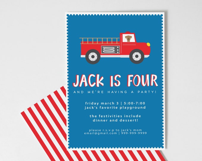 Fire Truck Birthday Invitation for Boys, 2nd Birthday Party for Kids, Kids Birthday Party Invitations, Toddler Boys Birthday Invitations
