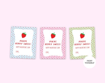 PRINT YOURSELF Kids Strawberry Valentine's Day Cards, Classroom Valentine PDF, Berry Sweet, Print at home Greeting Card Set for Kids