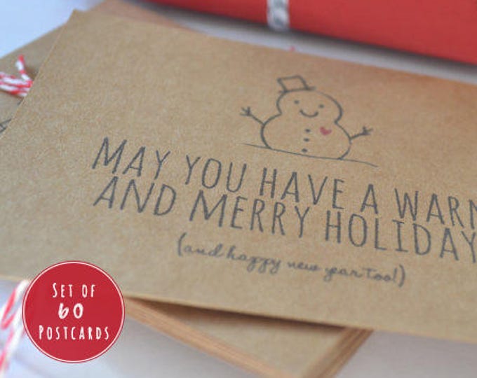 HOLIDAY POSTCARD SET of 60, May You Have a Warm and Merry Holiday Postcards, Merry Christmas Postcards, Happy Holidays Cards, xmas, snowman
