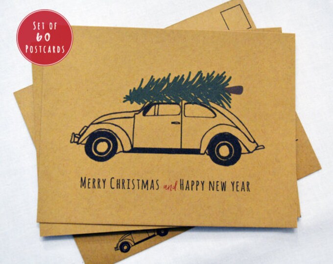 HOLIDAY POSTCARD SET of 60 - Merry Christmas and Happy New Year Postcards, Hand Illustrated Christmas Postcard Set, Holiday Cards, Xmas