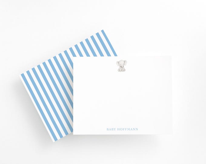 Personalized Baby Elephant Stationery Set: Blue Bow Note Cards