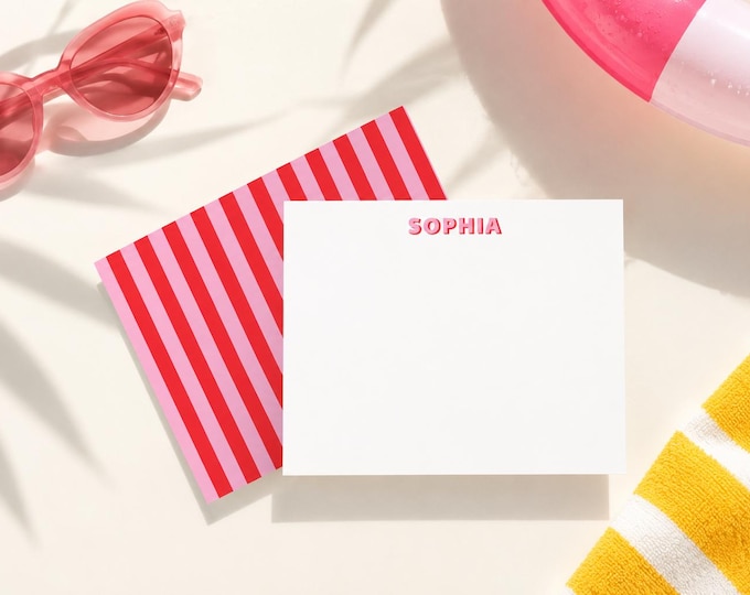 Personalized Summer Stationery Set for Kids, Pink Stripe Note Cards with Envelopes