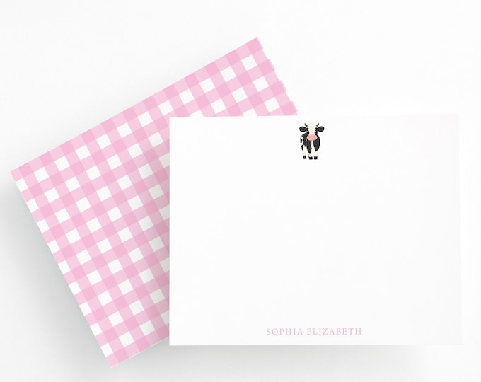 Personalized Pink Farm Stationery, Baby Girl Cow Stationery Set, Flat Stationery with Baby Cow, Baby Shower Gifts, Cow Thank You Notes