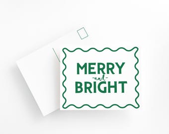 Simple Festive Green and White Holiday Postcard Set , Merry and Bright Holiday Postcards, Holiday Postcard Set