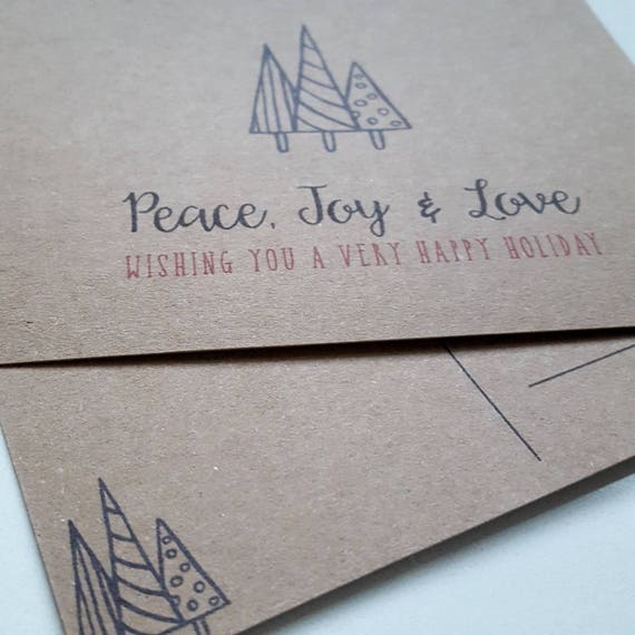 HOLIDAY POSTCARD SET - set of 60 peace joy love postcards, wishing you a  very happy holiday postcard set, Kraft Paper Christmas Postcards