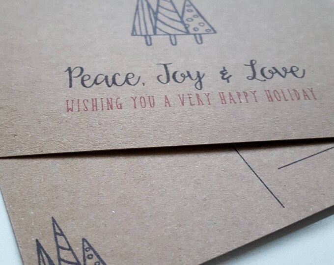 HOLIDAY POSTCARD SET - set of 60 peace joy love postcards, wishing you a very happy holiday postcard set, Kraft Paper Christmas Postcards