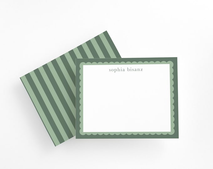 Personalized Green Scalloped Stationery: Custom Note Cards with Striped Back