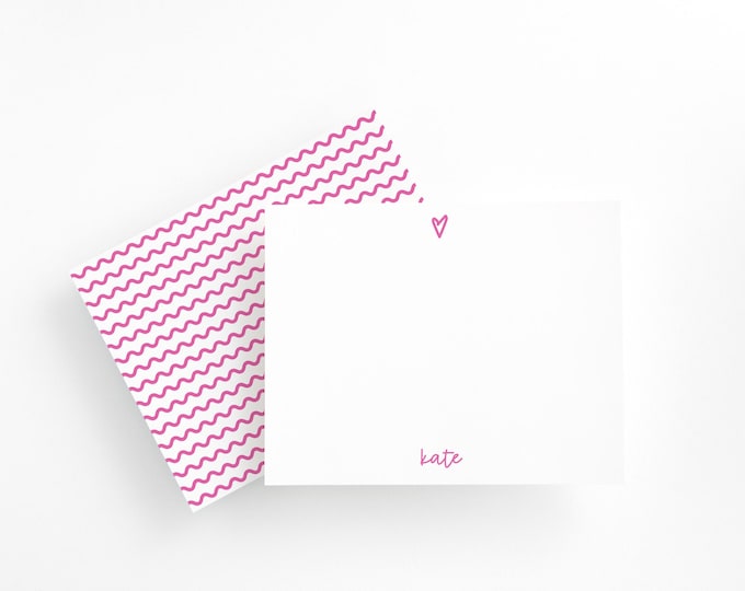 Girls Personalized Stationery Set with Pink Heart, Custom Name Note Cards, Cute Stationery for Girls, Kids Thank You Cards, Flat Card Set