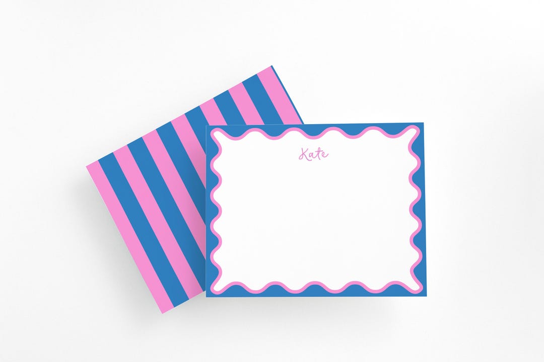 Personalized Pink and Blue Scalloped Stationery Set – Custom Note Cards ...