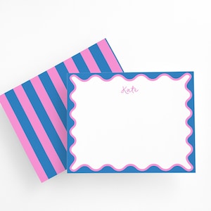 Personalized Pink and Blue Scalloped Stationery Set – Custom Note Cards with Envelopes, Preppy Girls Stationary Gift